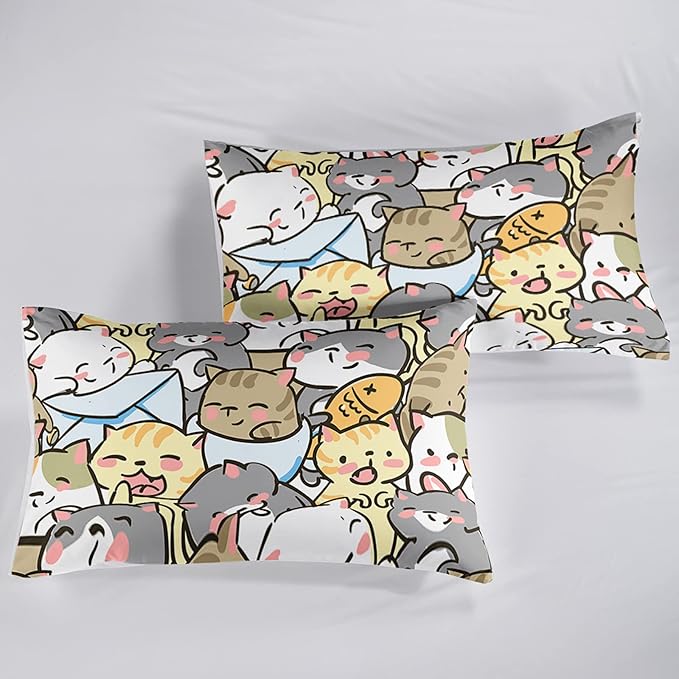 Kawaii Cat Comforter Twin Size,Cute Cat Comforter Set for Kids Teens Girls,3Pcs Bedding Set Printed Comforter with 2 Pillowcases,Down Alternative,Soft and Lightweight，Twin Size - LeafyLoom
