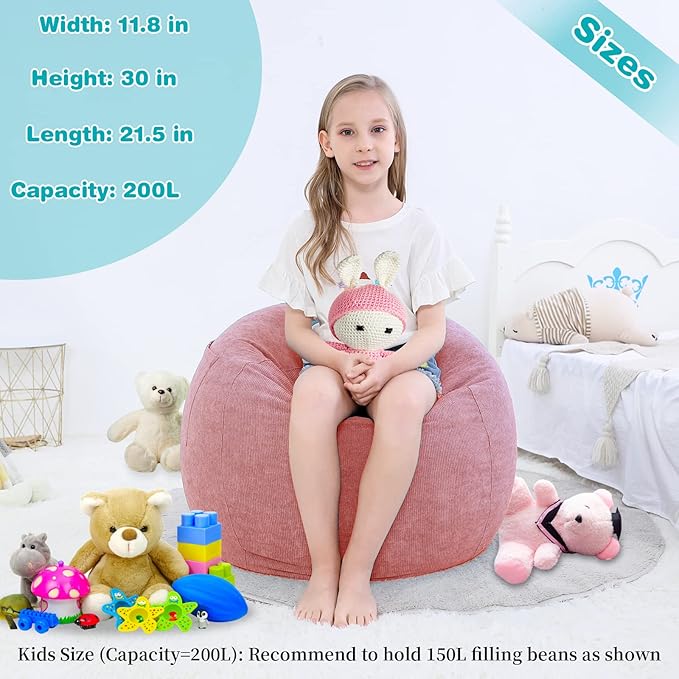 Stuffed Animal Storage Bean Bag Chair Cover (No Filler) for Kids and Adults.Soft Premium Corduroy Stuffable Beanbag for Organizing Children Plush Toys or Memory Foam Small 100L (Pink) - LeafyLoom