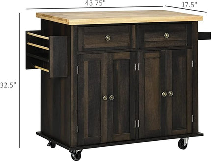 HOMCOM Kitchen Island on Wheels, Rolling Cart with Rubberwood Top, Spice Rack, Towel Rack and Drawers for Dining Room, Brown Oak - LeafyLoom