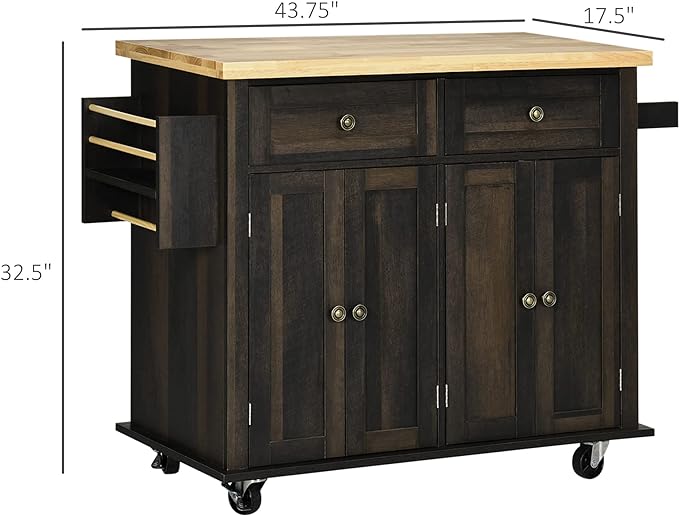 HOMCOM Kitchen Island on Wheels, Rolling Cart with Rubberwood Top, Spice Rack, Towel Rack and Drawers for Dining Room, Brown Oak - LeafyLoom