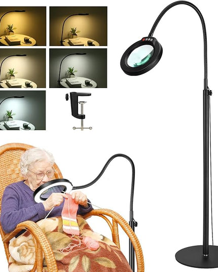 8X Magnifying Glass with Light and Stand, Krstlv 24" Flexible Gooseneck Magnifying Floor Lamp, 3-in-1 LED 5 Color Modes Stepless Dimmable Lighted Magnifier Hands Free for Close Work, Hobby, Esthetican - LeafyLoom