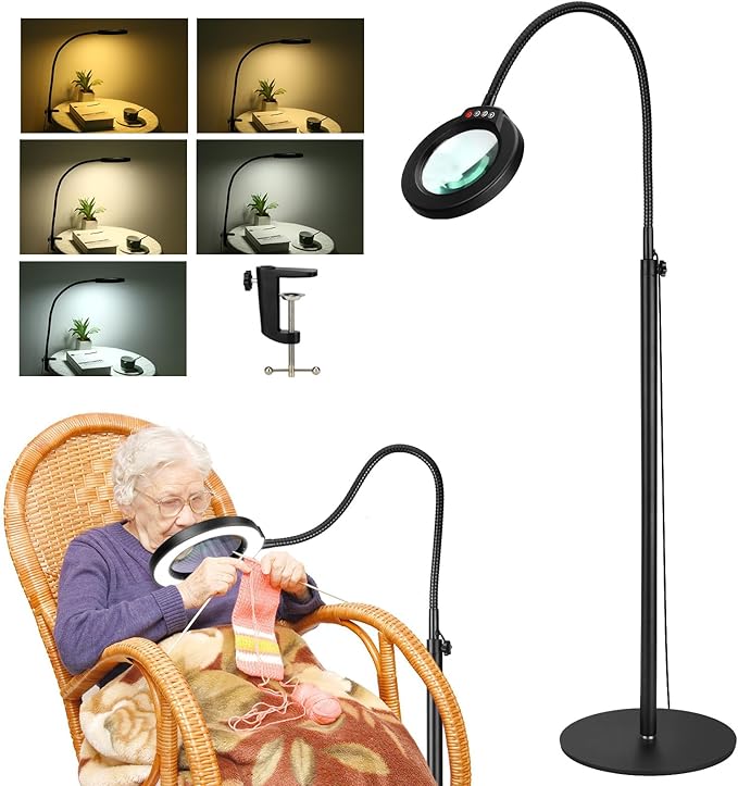 8X Magnifying Glass with Light and Stand, Krstlv 24" Flexible Gooseneck Magnifying Floor Lamp, 3-in-1 LED 5 Color Modes Stepless Dimmable Lighted Magnifier Hands Free for Close Work, Hobby, Esthetican - LeafyLoom