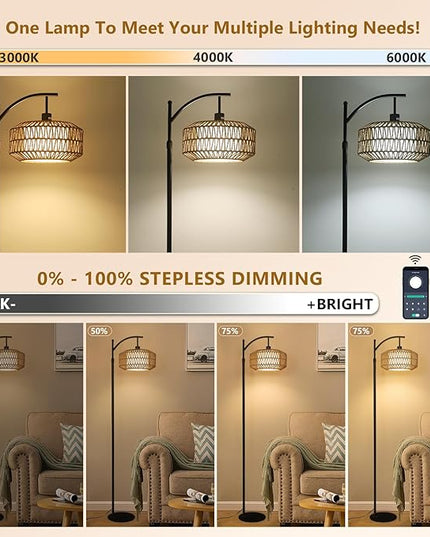 Arc Floor Lamps for Living Room, Dimmable Rattan Floor Lamp with Remote & LED Bulb, Mid Century Modern Standing Lamp with Double Shades, Boho Farmhouse Tall Pole Lamps for Bedroom Office - LeafyLoom