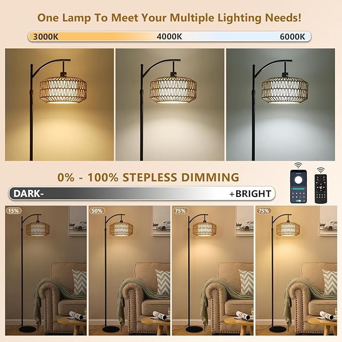 Arc Floor Lamps for Living Room, Dimmable Rattan Floor Lamp with Remote & LED Bulb, Mid Century Modern Standing Lamp with Double Shades, Boho Farmhouse Tall Pole Lamps for Bedroom Office - LeafyLoom