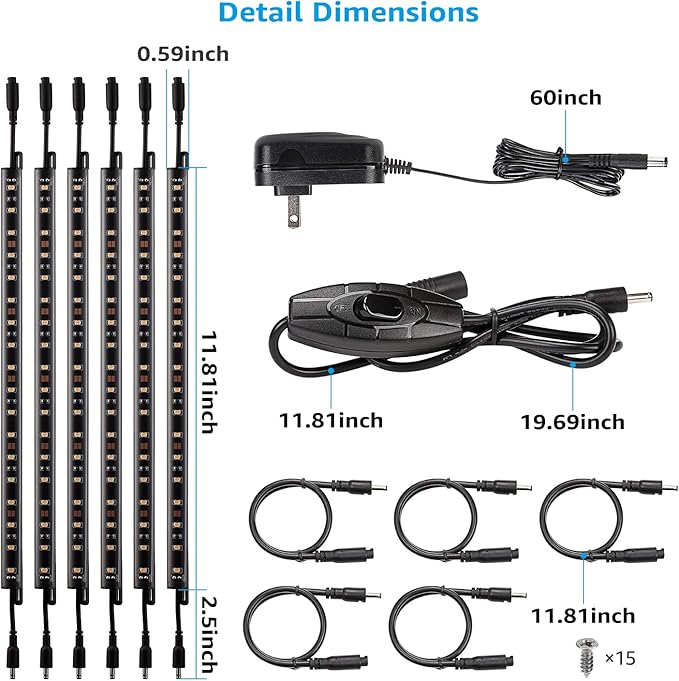 TORCHSTAR LED Safe Lighting Kit, (6) 12 Inch Linkable Light Bars + Rocker Switch + UL Power Adapter, 900LM, Input 100-240V, for Under Cabinet Gun Safe Locker Closet Showcase, 3000K Warm White TORCHSTAR