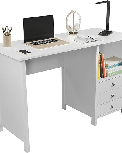 Techni Mobili White Desk with Drawers - Small Office Desk with 3 Cabinet Drawers, Open Shelf, & Laminated Wooden Panels Office & Study Table for Bedroom & Workstations - LeafyLoom