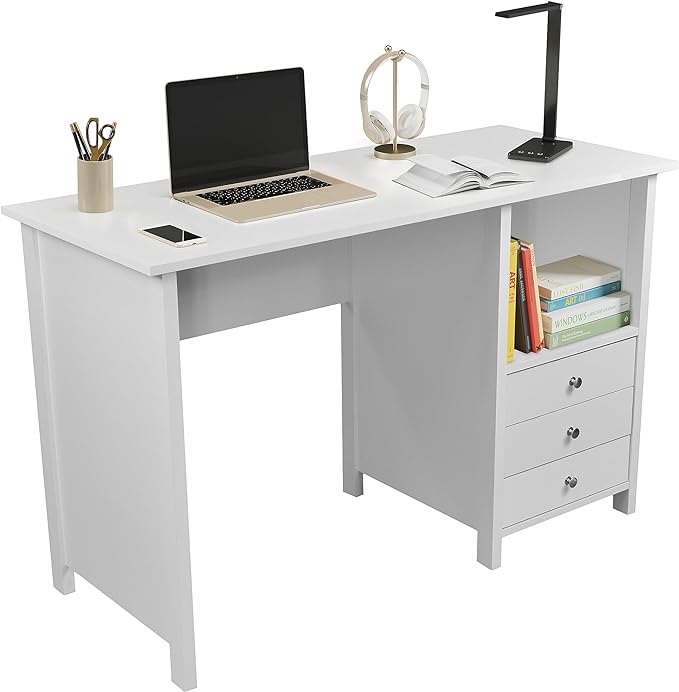 Techni Mobili White Desk with Drawers - Small Office Desk with 3 Cabinet Drawers, Open Shelf, & Laminated Wooden Panels Office & Study Table for Bedroom & Workstations - LeafyLoom