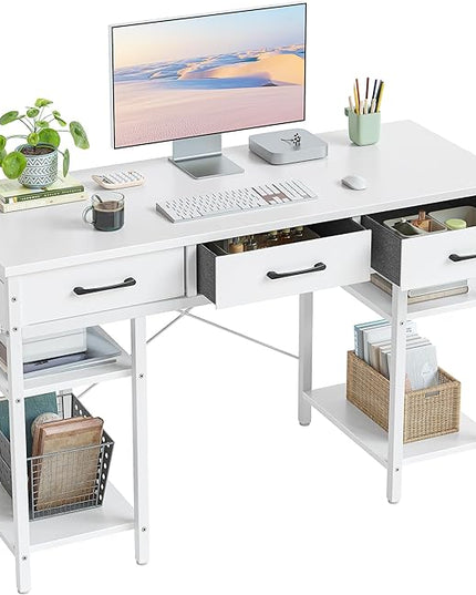 CubiCubi 47 Inch Computer Desk with 3 Drawers and Storage Shelves, Small Home Office Desk, Study Writing Table, Simple Desk for Bedroom, White - LeafyLoom