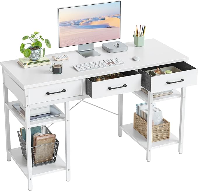 CubiCubi 47 Inch Computer Desk with 3 Drawers and Storage Shelves, Small Home Office Desk, Study Writing Table, Simple Desk for Bedroom, White - LeafyLoom