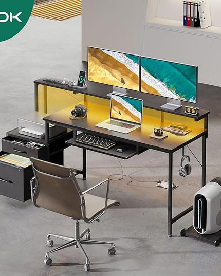 AODK 55 Inch Gaming Desk with Power Outlets & LED Light, Reversible Computer Desk with File Cabinet and Fabric Drawer, Office Desk with Keyboard Tray, Table with Full Monitor Riser and PC Stand, Black - LeafyLoom