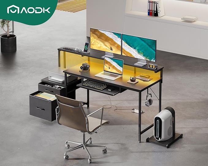 AODK 55 Inch Gaming Desk with Power Outlets & LED Light, Reversible Computer Desk with File Cabinet and Fabric Drawer, Office Desk with Keyboard Tray, Table with Full Monitor Riser and PC Stand, Black - LeafyLoom