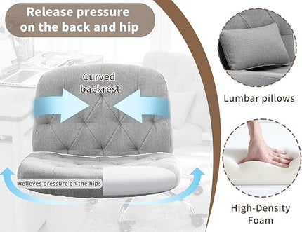 Criss Cross Chair with Wheels, Comfy Fabric Cross Legged Office Chair for Adult, Armless Wide Seat Desk Chair with Lumbar Pillow,Swivel Vanity Chair for Home Office, Conference (Grey) - LeafyLoom