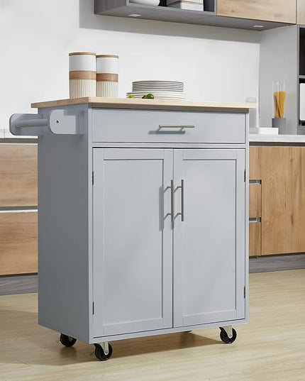 HOMCOM Kitchen Island Cart Rolling Trolley Cart with Drawer, Storage Cabinet & Towel Rack, Gray - LeafyLoom