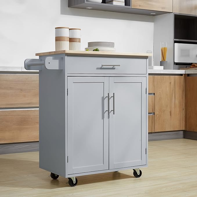 HOMCOM Kitchen Island Cart Rolling Trolley Cart with Drawer, Storage Cabinet & Towel Rack, Gray - LeafyLoom