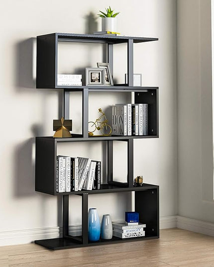 YITAHOME 5 Tiers Bookshelf, Modern S-Shaped Z-Shelf Style Bookshelves, Multifunctional Geometric Bookcase Storage Display Shelf for Living Room Bedroom Home Office, Black - LeafyLoom