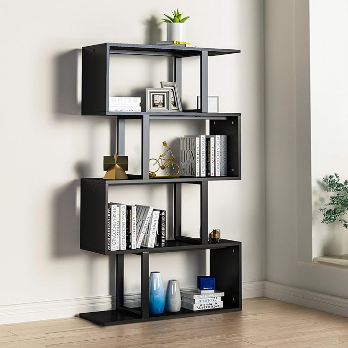 YITAHOME 5 Tiers Bookshelf, Modern S-Shaped Z-Shelf Style Bookshelves, Multifunctional Geometric Bookcase Storage Display Shelf for Living Room Bedroom Home Office, Black - LeafyLoom