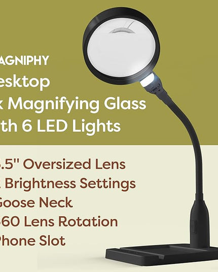 8X Desk Magnifying Light - Magnifying Glass for Reading and Crafts with 6 LEDs (No Glare, No Flickering) - Magnifying Lamp with Light and Stand, 2 Brightness Settings - Ideal for Seniors - LeafyLoom