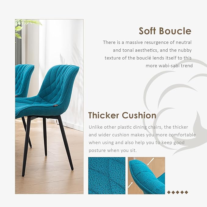 YOUNUOKE Comfortable Dining Chairs Set of 2, Mid-Century Modern Kitchen Dining Room Chairs, Upholstered Backrest Boucle Dining Chair with Black Metal, Teal - LeafyLoom