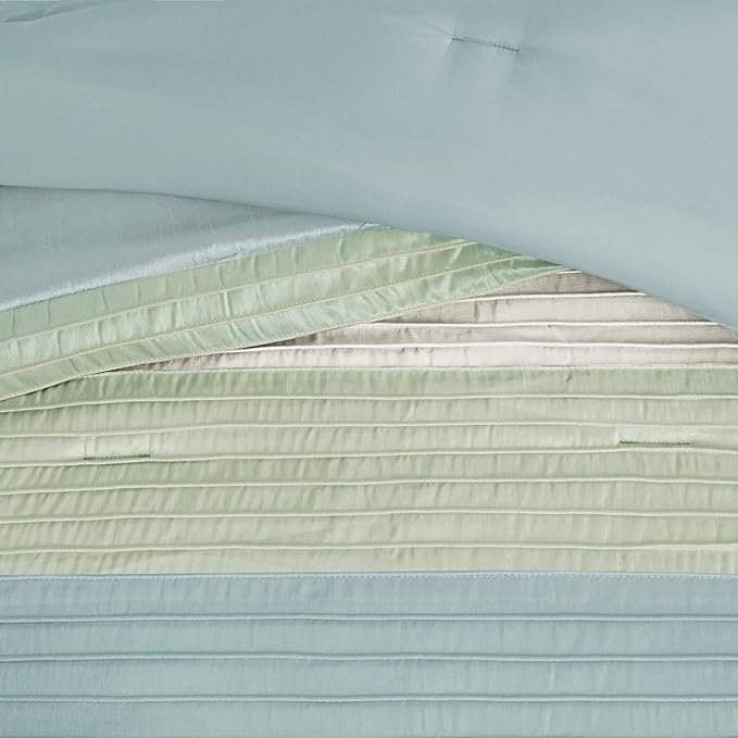 Madison Park Amherst Faux Silk Comforter Set-Casual Contemporary Design All Season Down Alternative Bedding, Matching Shams, Bedskirt, Decorative Pillows, Cal King(104"x92"), Green, 7 Piece (MP10-848) - LeafyLoom