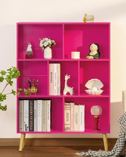 LEYAOYAO 7 Cube Bookshelf,3 Tier Book Shelf with Legs,Pink Modern Bookshelf,Large Freestanding Open Toy Modern Bookshelves,Display Bookcases Decor Furniture for Nursery - LeafyLoom