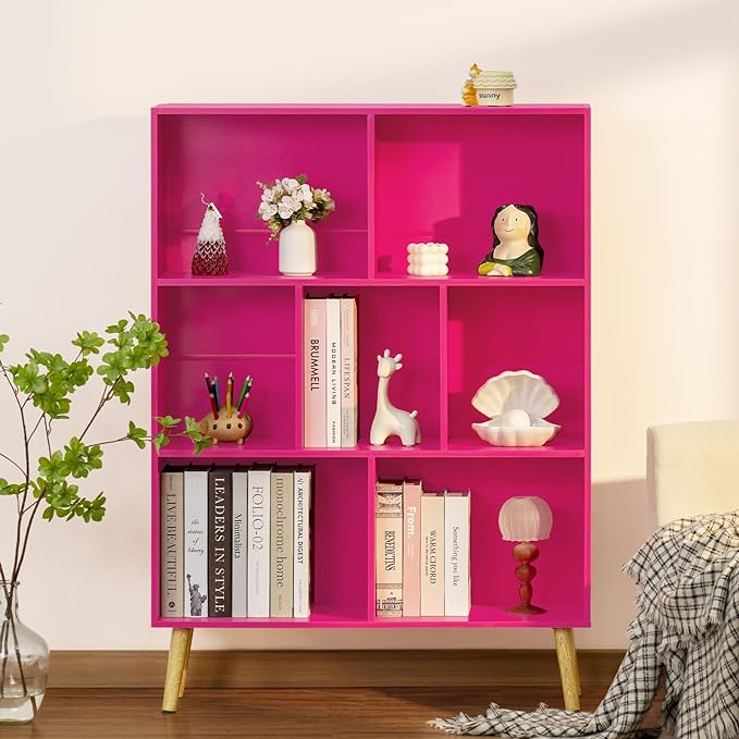 LEYAOYAO 7 Cube Bookshelf,3 Tier Book Shelf with Legs,Pink Modern Bookshelf,Large Freestanding Open Toy Modern Bookshelves,Display Bookcases Decor Furniture for Nursery - LeafyLoom