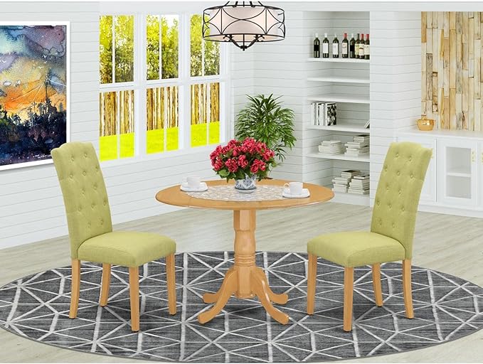 East West Furniture DLCE3-OAK-07 Dublin 3 Piece Set Contains a Round Dining Room Table with Dropleaf and 2 Limelight Linen Fabric Upholstered Parson Chairs, 42x42 Inch, Oak - LeafyLoom
