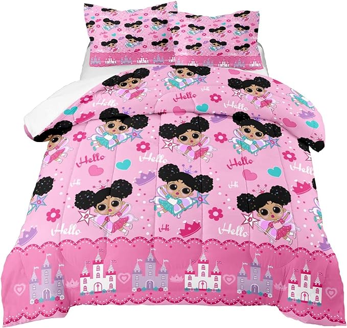 Pink Girls Comforter Sets Full, African American Black Girl Comforter Set Full Size Comforter Sets for Girls Soft Princess Bedding Decor for Girls Bedroom with 1 Comforter 2 Pillowcases - LeafyLoom
