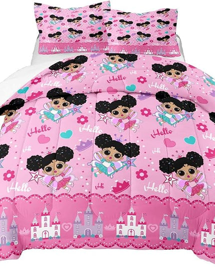 Black Girl Comforter Set, Pink Girls Queen Comforter Set 3 Piece Cute Pattern African American Black Girls Comforter Set Decor Kids Girls Teens Bedroom with 1 Comforter 2 Pillowcases - LeafyLoom