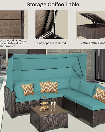 6 PCS Outdoor Patio Furniture Set,Sectional Sofa Set,Rattan Daybed with Retractable Canopy,Adjustable Backrest,Storage Coffee Table,Chaise Chair Sunbed for Garden Poolside Backyard(Walnut Green) - LeafyLoom