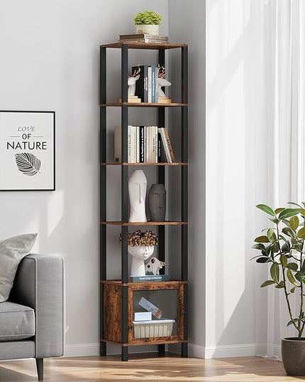 TUTOTAK 6 Tier Bookcase and Bookshelf, Narrow Book shelf with Door for Small Space, for Living Room, Office, Study, Entryway, Brown BS03BB006 - LeafyLoom