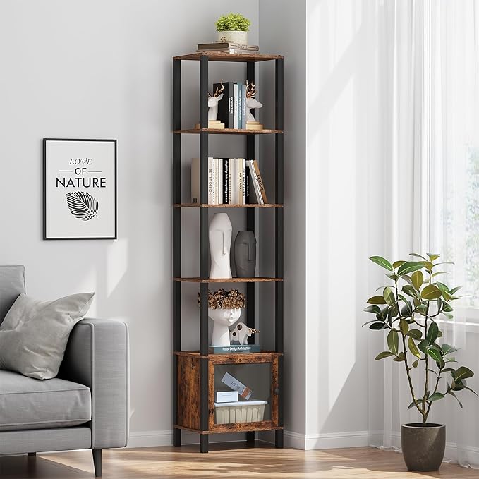 TUTOTAK 6 Tier Bookcase and Bookshelf, Narrow Book shelf with Door for Small Space, for Living Room, Office, Study, Entryway, Brown BS03BB006 - LeafyLoom