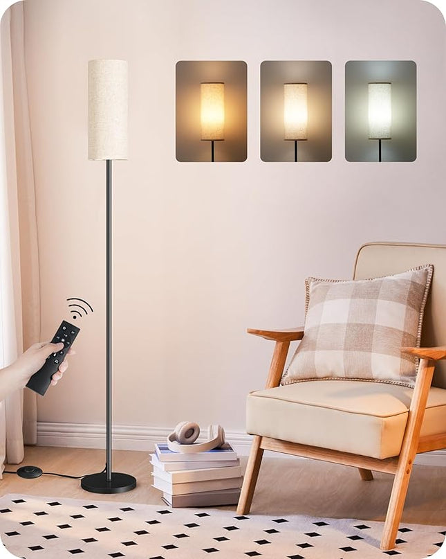 Dimmable Floor Lamp for Living Room, Corner Floor Lamp with Remote, 66'' Standing Tall Lamp, Linen Lampshade, 10W 800LM LED Bulb for Bedroom Study, FCC Listed, Black and Beige E06LD05 - LeafyLoom