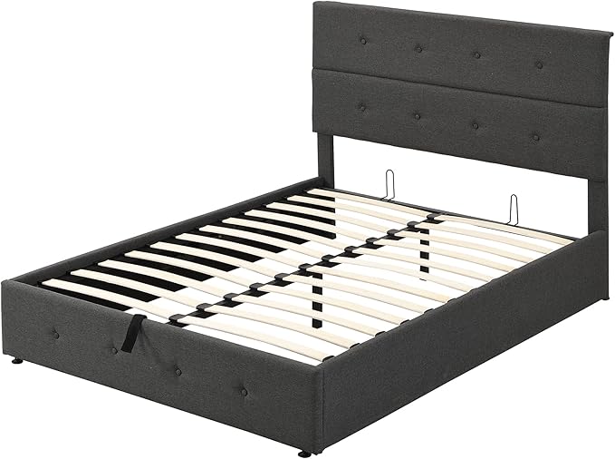 Full Size Upholstered Platform Bed with Underneath Storage, Modern Linen Platform Bedframe with Headboard and Wooden Slat Support,for Kids Adults Living Room Guest Room,Bedroom - LeafyLoom