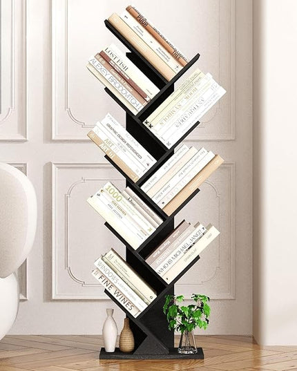 Function Home 9 Tier Tree Bookshelf, Modern Tall Geometric Bookcase, Freestanding Book Shelf, Wood Floor Storage Shelf for Living Room, Bedroom, Home Office,Black - LeafyLoom
