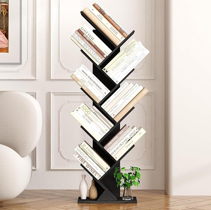 Function Home 9 Tier Tree Bookshelf, Modern Tall Geometric Bookcase, Freestanding Book Shelf, Wood Floor Storage Shelf for Living Room, Bedroom, Home Office,Black - LeafyLoom