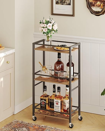 Rolling Cart, Mobile Kitchen Cart on Wheels, Narrow Storage Cart for Small Space, Wooden Service Cart, for Bathroom, Laundry, Living Room, Rustic Brown RCHR4001 - LeafyLoom