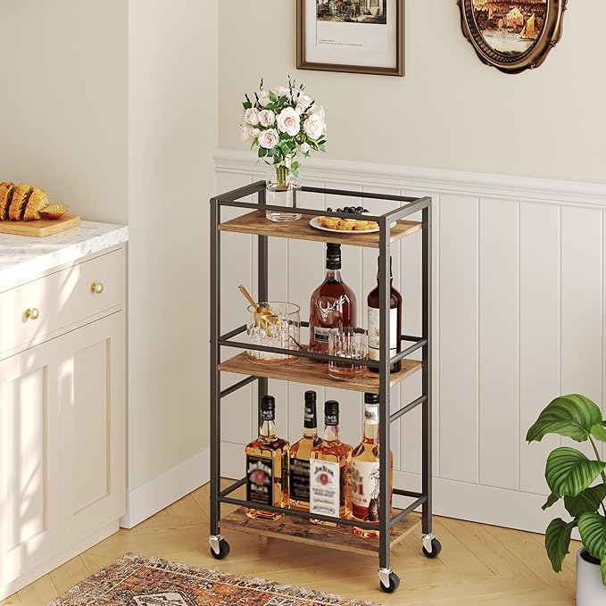 Rolling Cart, Mobile Kitchen Cart on Wheels, Narrow Storage Cart for Small Space, Wooden Service Cart, for Bathroom, Laundry, Living Room, Rustic Brown RCHR4001 - LeafyLoom