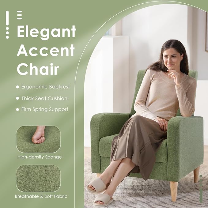 COLAMY Modern Upholstered Accent Chair Armchair with Pillow, Fabric Reading Living Room Side Chair,Single Sofa with Lounge Seat and Wood Legs, Green - LeafyLoom
