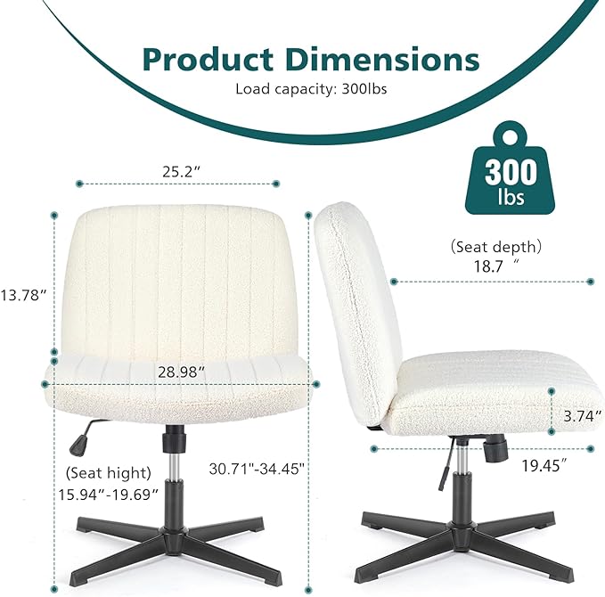 OLIXIS Cross Legged Armless Wide Adjustable Swivel Padded Home Office Desk Chair, Off White - LeafyLoom