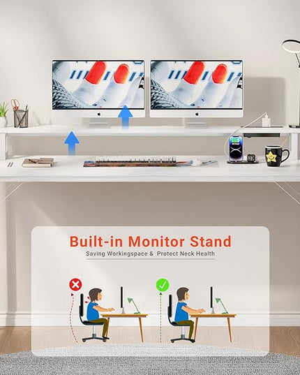 55 inch Computer Desk with Power Outlets, Office Desk Gaming desk with LED Lights, Home Office Desk with Monitor Shelf, Modern Work Desk Study Writing Table for Bedroom, White - LeafyLoom