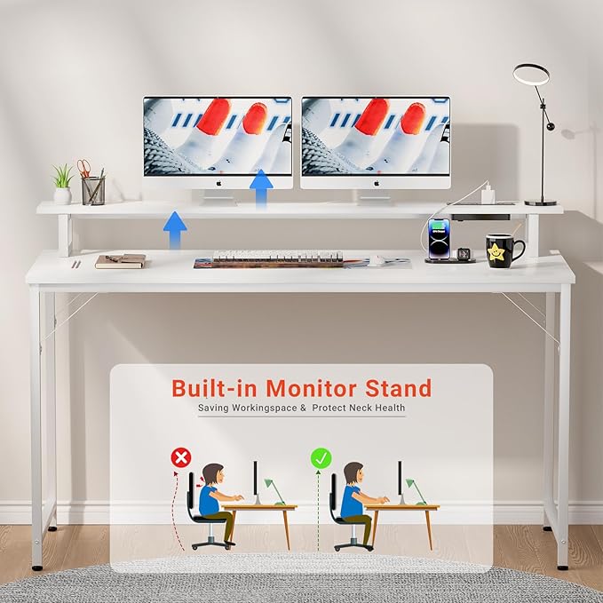 55 inch Computer Desk with Power Outlets, Office Desk Gaming desk with LED Lights, Home Office Desk with Monitor Shelf, Modern Work Desk Study Writing Table for Bedroom, White - LeafyLoom