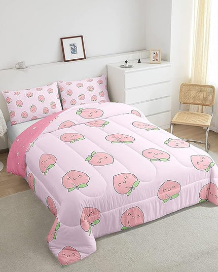 Cartoon Comforter Set King Size Pink Peach Bedding Set Kid Kawaii Down Comforter Girl Lovely Peach Duvet Set Cute Fruits Comforter Tropical Plant Bedding Reversible Soft Lightweight Room Decor - LeafyLoom
