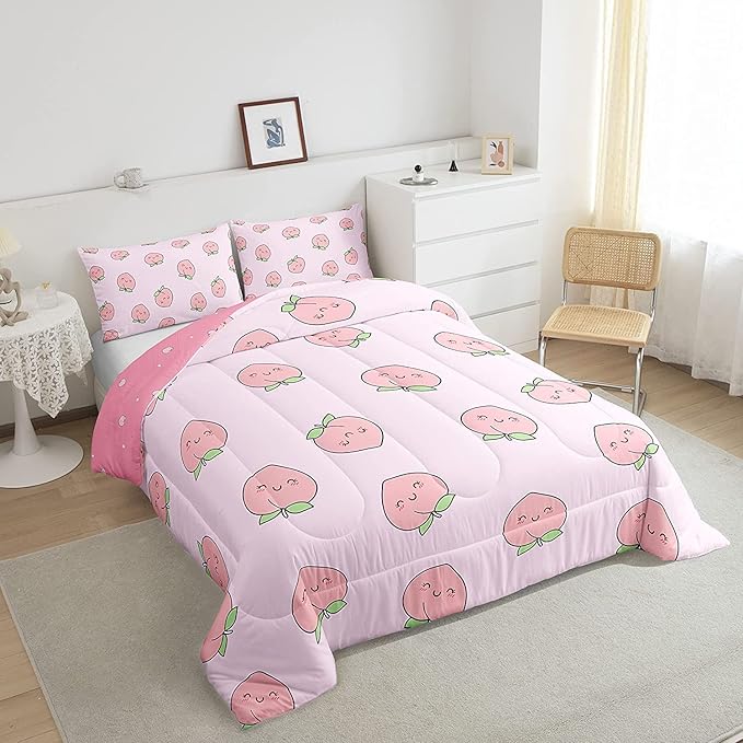 Cartoon Comforter Set King Size Pink Peach Bedding Set Kid Kawaii Down Comforter Girl Lovely Peach Duvet Set Cute Fruits Comforter Tropical Plant Bedding Reversible Soft Lightweight Room Decor - LeafyLoom