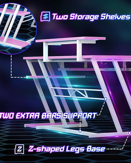 armocity Pink Gaming Desk with Shelves and Power Outlets, L Shaped Gaming Desk with LED Lights, Reversible L Shaped Computer Desk for Gaming, Gamer Desk with Monitor Stand, 47" - LeafyLoom