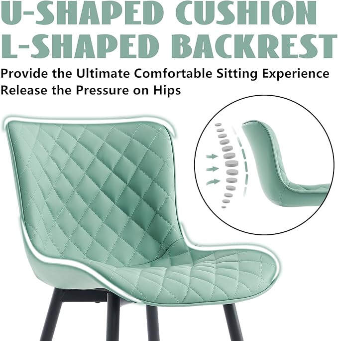 YOUTASTE Light Green Dining Chairs Set of 2 Mid Century Modern PU Leather Diamond Upholstered Accent Guest Dinner Chair with Back Metal Legs for Kitchen Living Reception Waiting Room - LeafyLoom