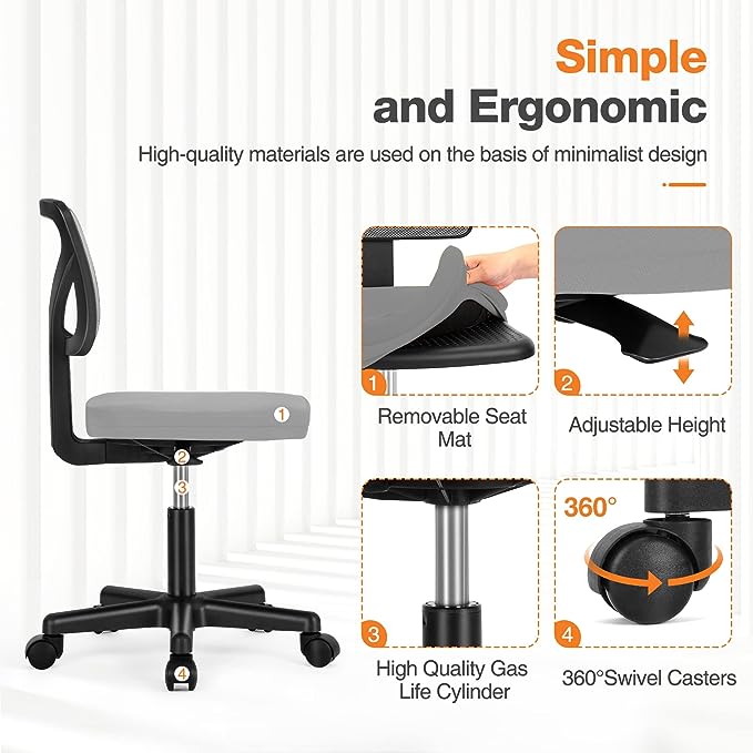 Armless Small Home Office Desk Chair, Ergonomic Low Back Computer Chair, Adjustable Rolling Swivel Task Chair with Lumbar Support for Small Space, 1 Pack, Grey - LeafyLoom