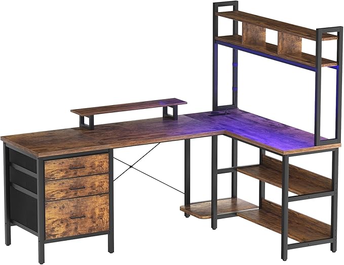 Aheaplus L Shaped Desk with Hutch, Gaming Desk with Led Lights, Reversible Computer Desk with Power Outlet, Corner Desk with File Drawer & Monitor Stand, Storage Shelves for Home, F1, Rustic Brown - LeafyLoom