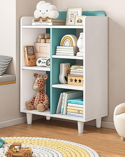Wooden Cube Bookcase with Legs - 3-Tier Open Shelf Kidsroom Sorted Storage Cabinet Organizer for Books and Toys, 5-Cube Lattice Cute Cubby Bookshelf in White Mixed Westlake Blue, 24" W - LeafyLoom