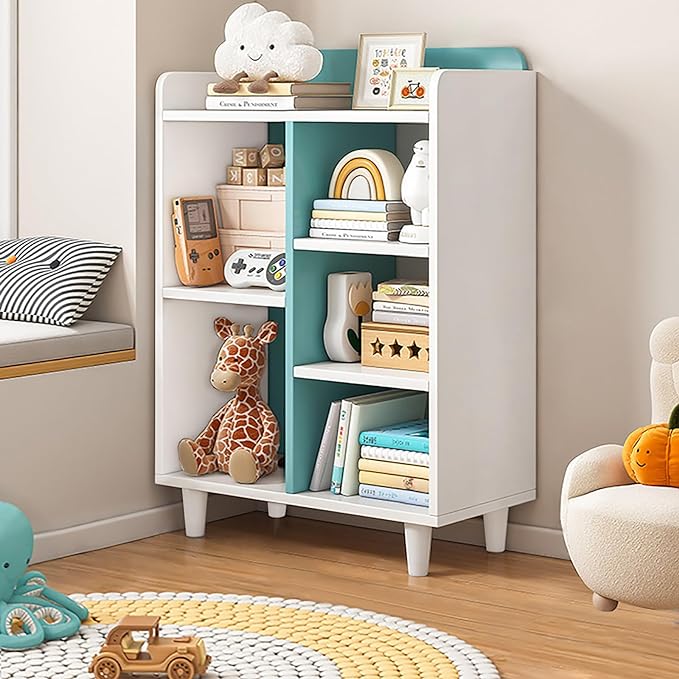 Wooden Cube Bookcase with Legs - 3-Tier Open Shelf Kidsroom Sorted Storage Cabinet Organizer for Books and Toys, 5-Cube Lattice Cute Cubby Bookshelf in White Mixed Westlake Blue, 24" W - LeafyLoom