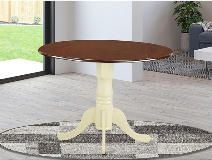 East West Furniture DLT-MMK-TP Dublin Modern Dining Table - a Round Kitchen Table Top with Dropleaf & Pedestal Base, 42x42 Inch, Mahogany & Buttermilk - LeafyLoom